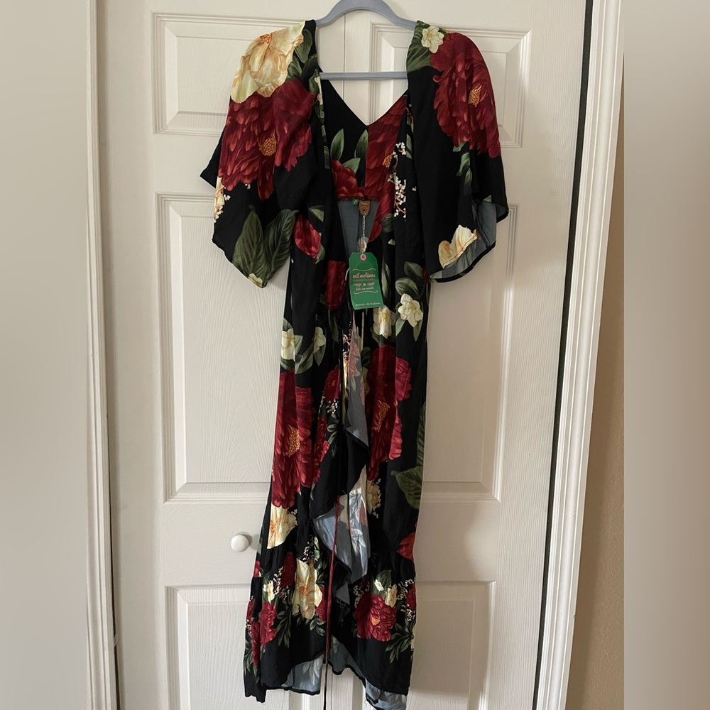 Floral Wrap Midi Dress in Black with Red & Yellow Blooms - Picture 2 of 6